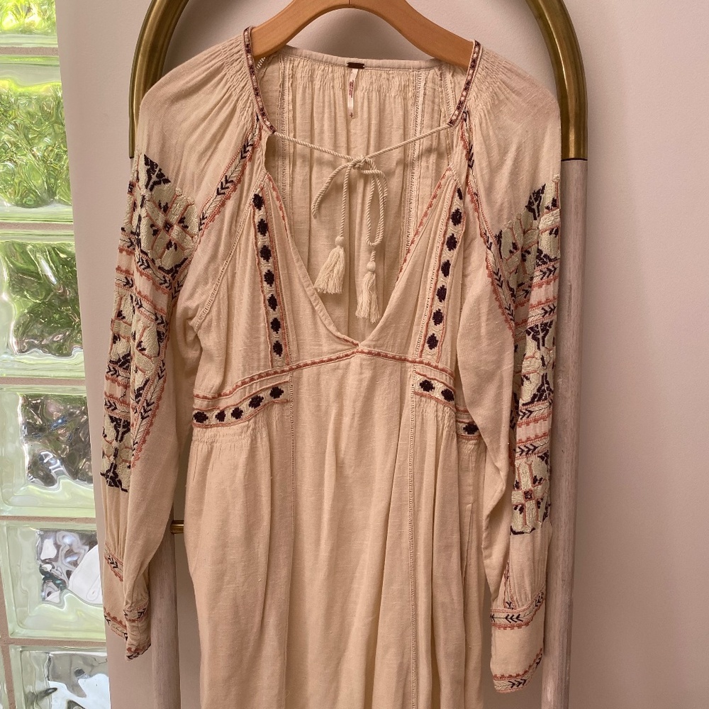Free People Womens Boho Ivory Peasant Embroidered Festival Long Sleeve Dress S/P